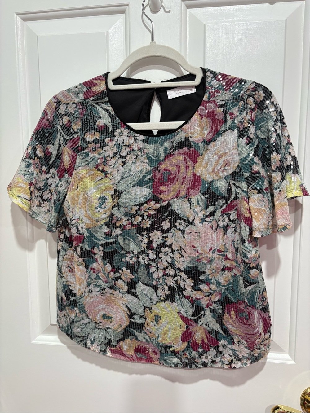LC Lauren Conrad Women's Floral Sequin Short-Sleeve Blouse